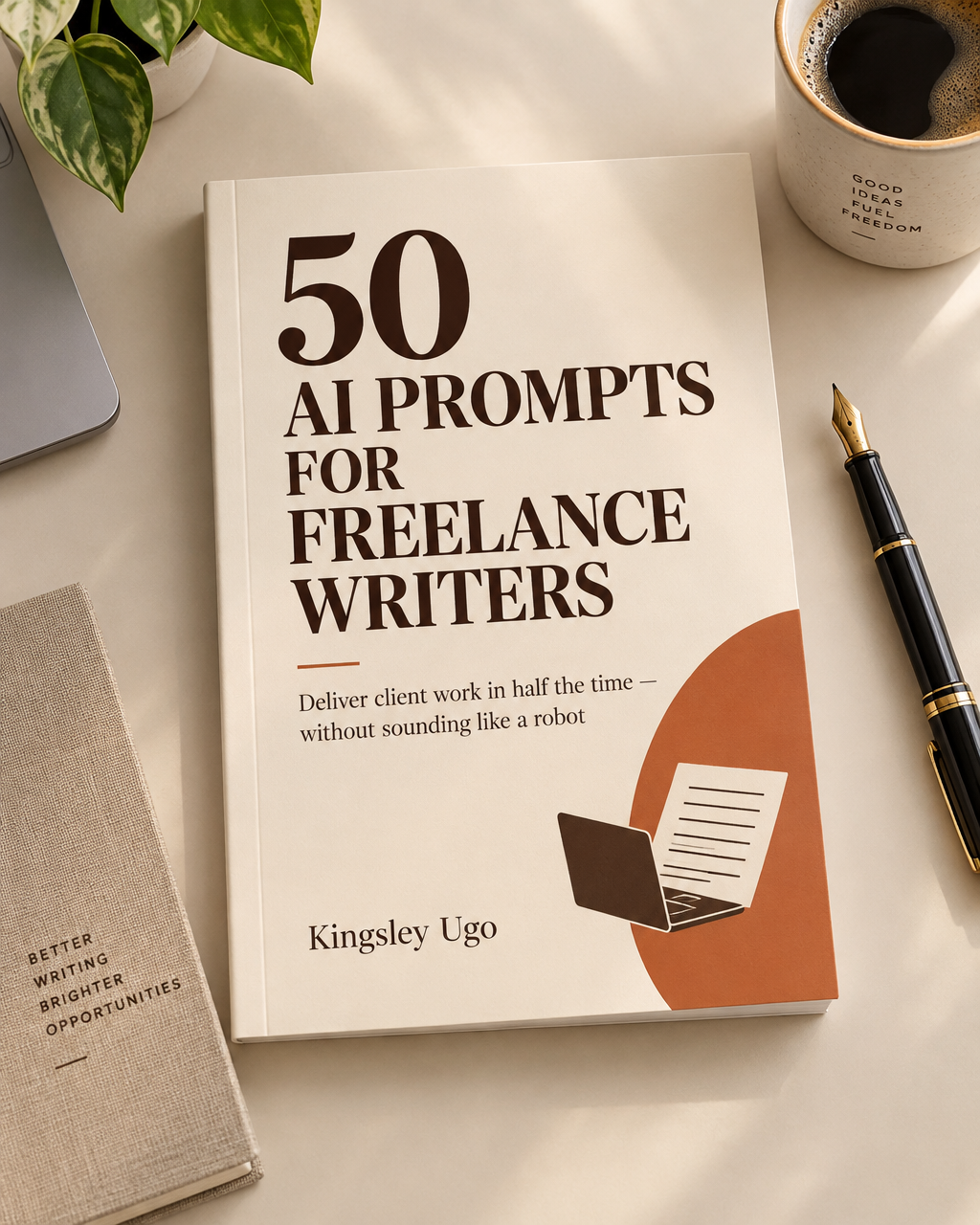 Cover of the guide 50 AI Prompts for Freelance Writers by Kingsley Ugo